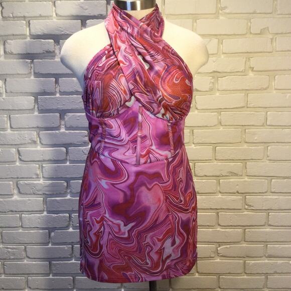 NWT Bardot Tie Dye Retro Halters Mesh Mini Dress 12 flaw note - Picture 6 of 11